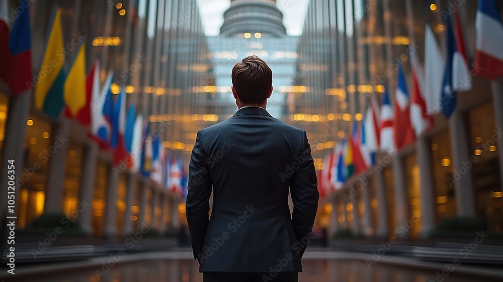 Aufkleber man in suit standing with government building in the background, with flags waving around him, viewe