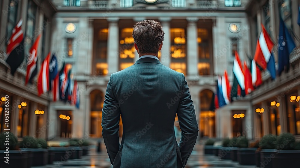 Poster man in suit standing with his back to the camera, surrounded by flags and with government building b