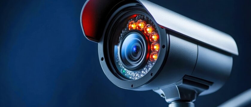 High-definition surveillance camera equipped with infrared night vision features, set against a dark blue background.