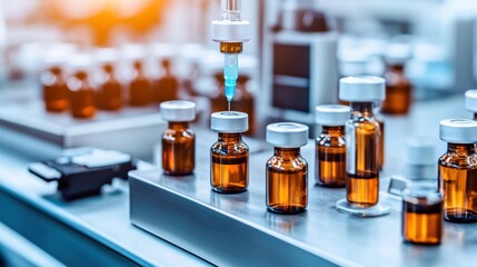 Laboratory scene with amber vials, a pipette, and scientific equipment for pharmaceutical research.