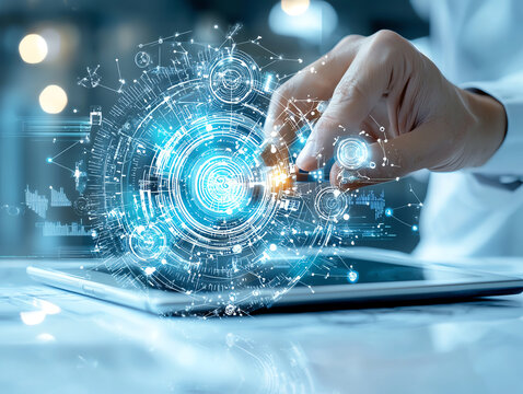 Engineer analyzing construction blueprint with interactive technology for enhanced project management and precision in modern construction practices