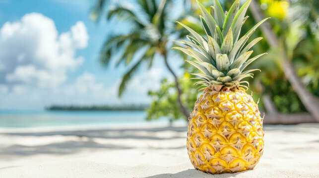 A vibrant pineapple rests on sandy beach, with palm trees and ocean backdrop under a bright blue sky, evoking tropical paradise vibes.