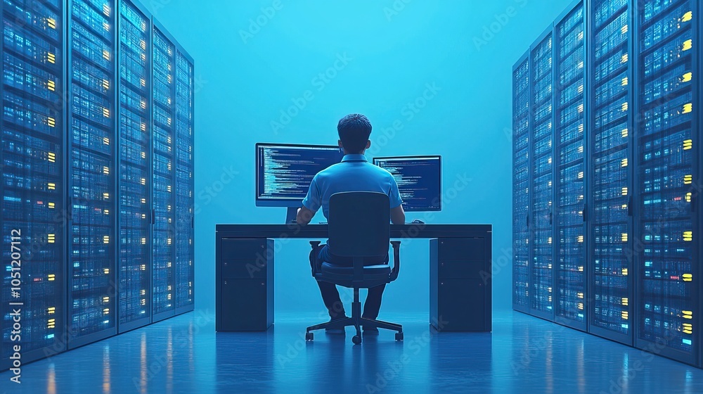 Poster man sitting at desk in front of computer surrounded by server racks, with blank background for website image