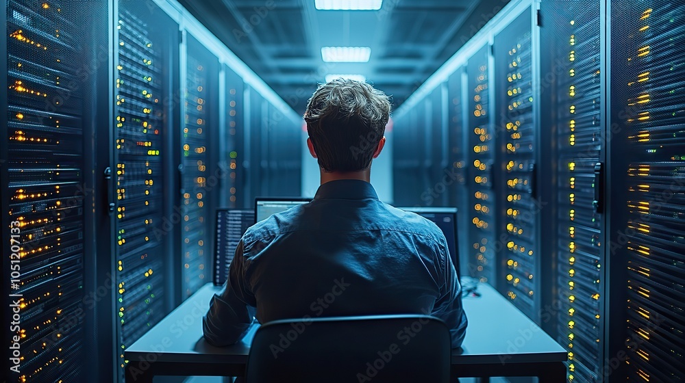 Poster man sitting at desk in front of computer surrounded by server racks, with blank background for website stock photo