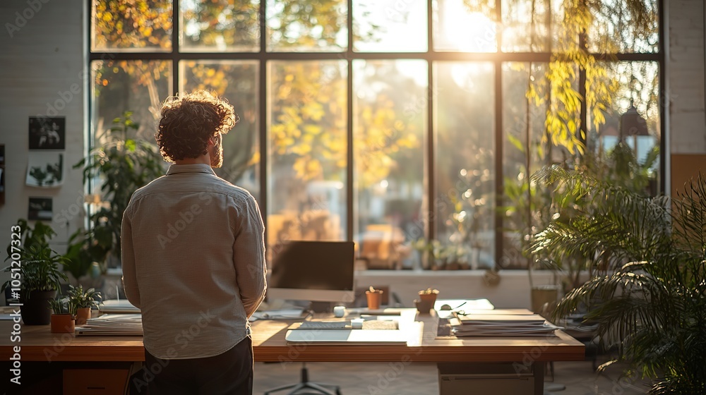 Poster man standing at modern office table, looking out of large windows in bright, minimalist room.image