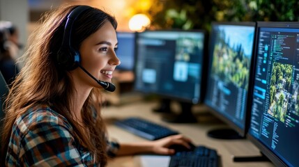 Smiling woman working on dual monitors with headset in a modern office environment.