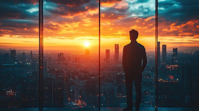 man stands in an office window, gazing out at the city view, representing ambition and success.image - Powered by Adobe