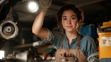 Confident Female Mechanic Inspecting Under Car with Flashlight in High-Resolution Image