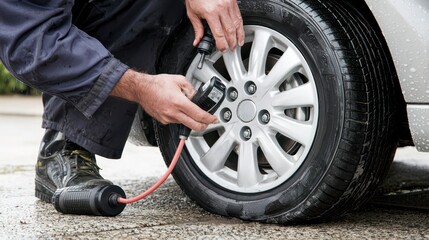 Precision Tire Inspection by Mechanic Using High-Tech Tools for Safety and Alignment Check - High Resolution Image