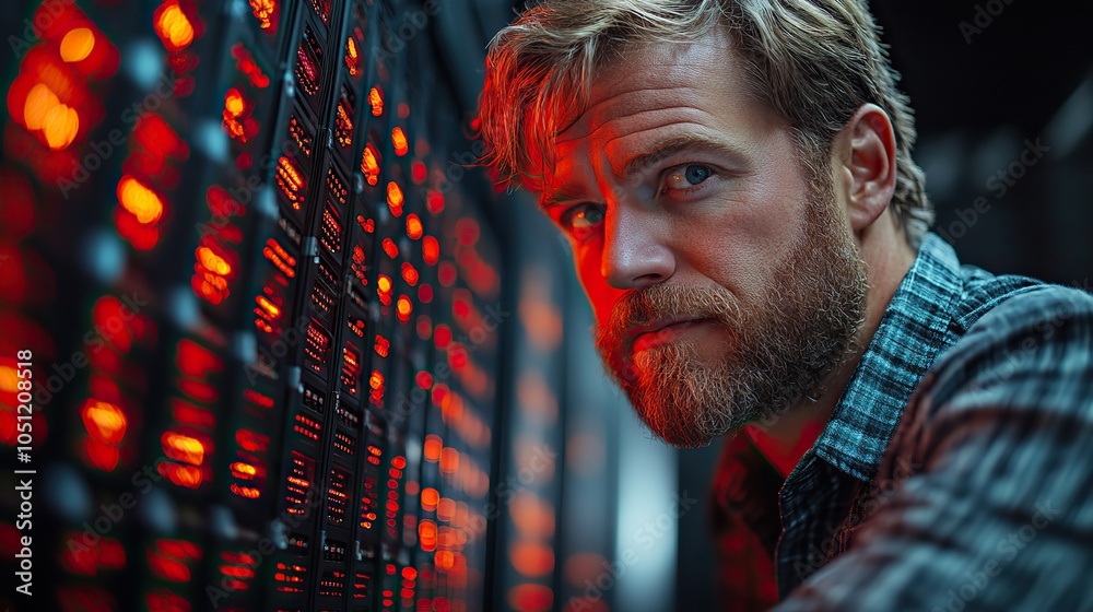 Poster man working on computer in front of server racks, designed in Nordic style with clean, minimalist background.stock photo