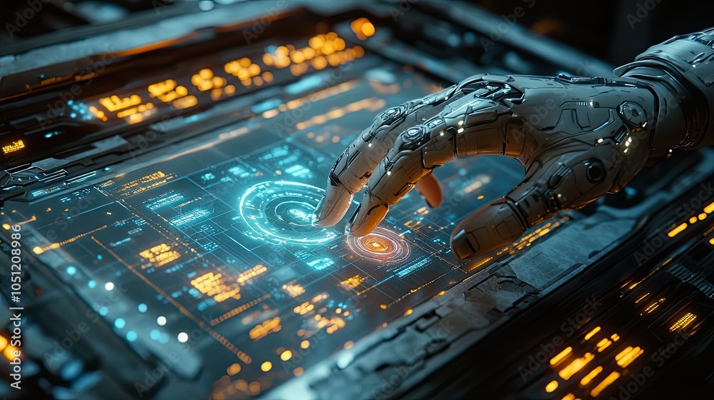 Poster mechanical robotic arm interacting with holographic interface, pressing button.image