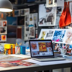 A laptop computer sits on a desk in front of a wall covered in inspiration boards.