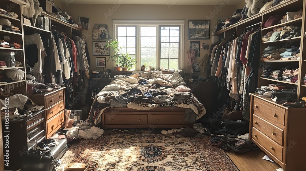 Poster messy wardrobe filled with clothes is being organized to create neat and tidy closet.stock photo