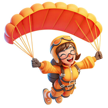 3D woman jumping with a parachute on a transparent background.