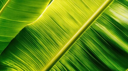 vibrant green banana leaf showcasing intricate veins and patterns that reflect the sunlight,