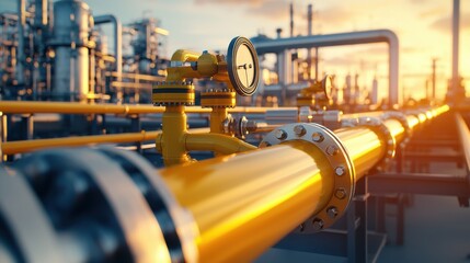 Industrial Elegance: Close-Up of Interconnected Gas Refinery Pipelines and Valve Systems