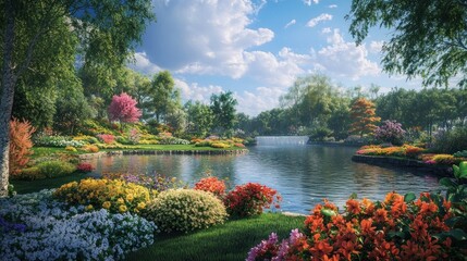 A serene pond in a lush garden, surrounded by colorful flowers and trees, with a clear blue sky above.