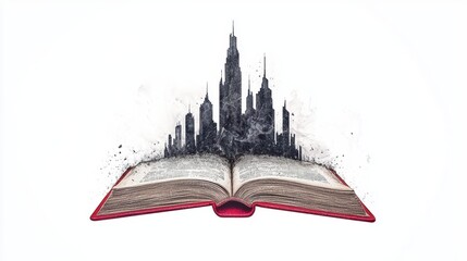 Obraz premium Futuristic Book with Digital Code and Cityscape