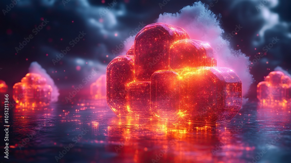 Poster modern financial cloud concept illustrated with floating cubes and vibrant colors.image