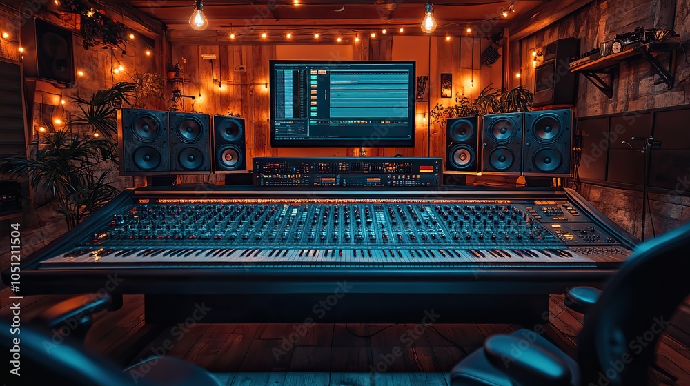 Poster modern music studio with advanced equipment, mixing desks, and large screens displaying recording software.image