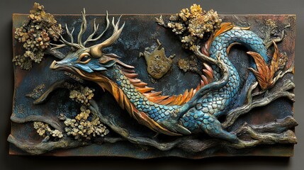 Obraz premium Blue Dragon Sculpture: Mythical Creature in Relief