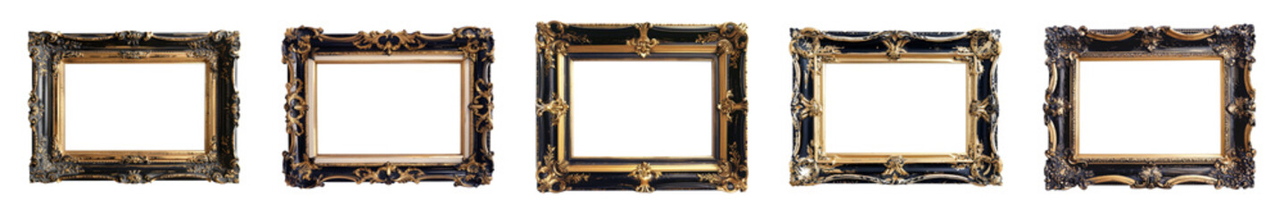 antique gold and black picture rectangular frames isolated on a transparent or white background, cut out, PNG