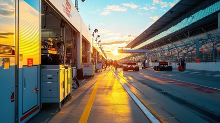 Bright and Clean Pit Lane at Silverstone Race Circuit Under Sunlight