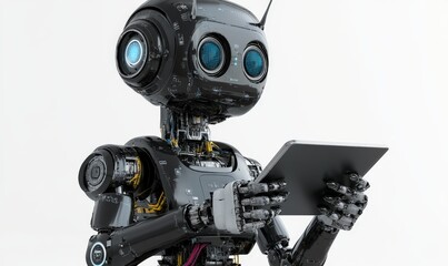 Naklejka premium Ai robot using tablet isolate on white background