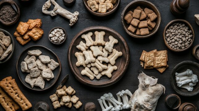 artful display of dog biscuits and dental treats, geometric patterns, moody lighting, rich textures, professional food styling techniques
