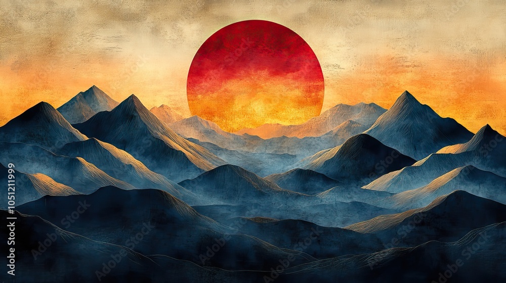 Aufkleber modern poster with abstract shapes and vibrant color palette, featuring mountains in the center of t