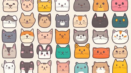 colorful cartoon pet icons, simplified animal faces, bold outlines, primary color palette, clean vector graphics, whimsical character design