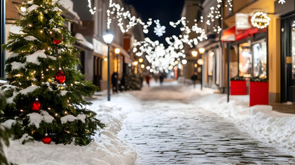 Fototapeta premium Enchanting Winter Night on Cobblestone Street with Glowing Lamps and Festive Atmosphere