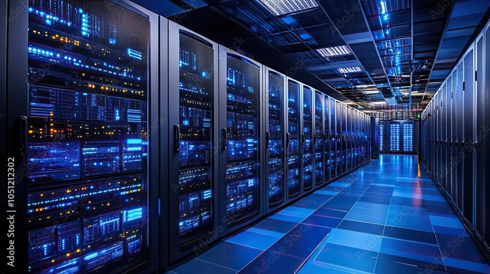 Poster modern server room with rows of advanced computer equipment housed in black and blue cabinets.