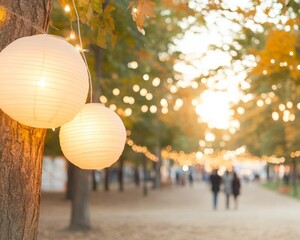 Fototapeta premium Romantic Autumn Lantern Walk Perfect for Halloween and Thanksgiving Celebrations