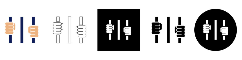 Prisoner in jail behind bars holds rods hands , criminal arrested vector pictogram sign icon symbol ui and ux design, glyphs and stroke line	
