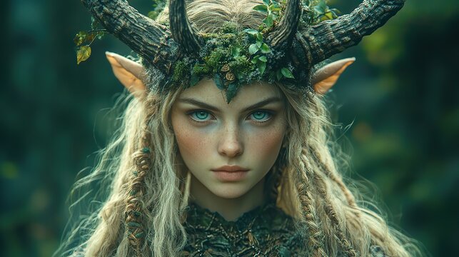 mystical forest nymph or fairy adorned with large horns, symbolizing mysterious and beautiful fantasy creature, perfect for mythological or fairy-tale themed designs.illustration