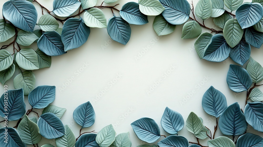 Poster nature-inspired frame of plasticine green leaves and branches on white backdrop, creating simple yet