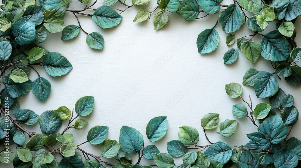 Poster nature-inspired frame of plasticine green leaves and branches on white backdrop, creating simple yet elegant Earth Day banner with space for message.image