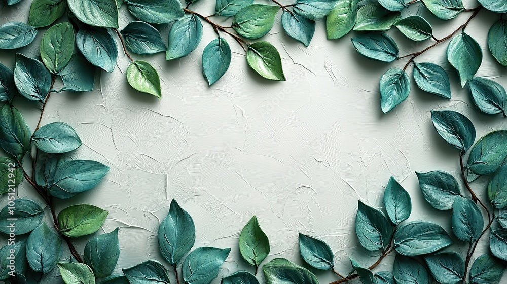 Poster nature-inspired frame of plasticine green leaves and branches on white backdrop, creating simple yet
