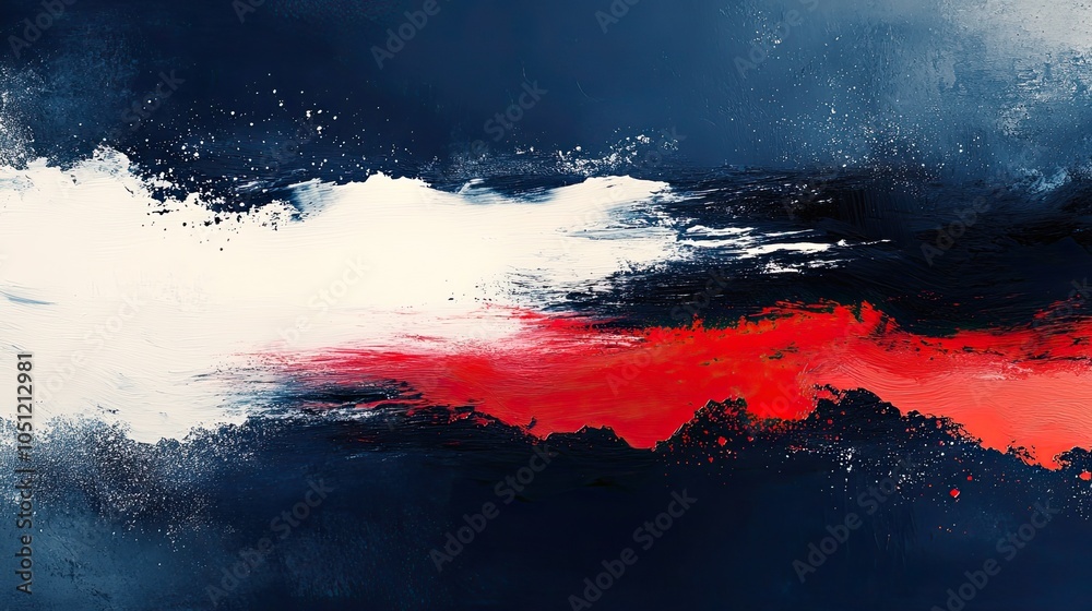 Poster navy blue background with white and red brush strokes, forming an abstract pattern.image