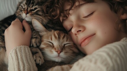 harmonious family scene, young pet owner comforting curly-haired puppy, striped cat joining group, soft textures, gentle mood lighting, emotional connection captured