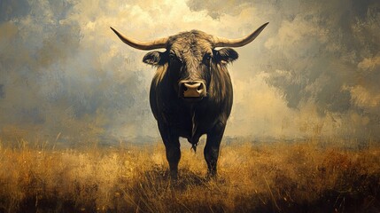 Obraz premium Majestic Black Bull in Golden Field - Wildlife Painting