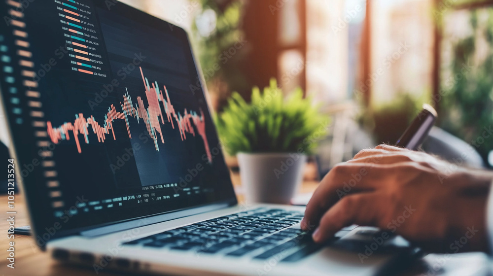 Wall mural close up of laptop screen displaying financial data analysis graph chart in a contemporary office wo