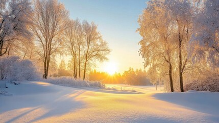 Obraz premium A picturesque winter sunrise with golden sunlight illuminating a snow-covered field surrounded by frost-covered trees.
