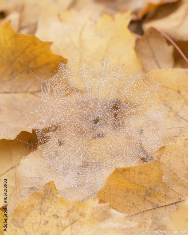 Poster dew-covered spider web on autumn leaves natures intricacies and fall textures for halloween and than