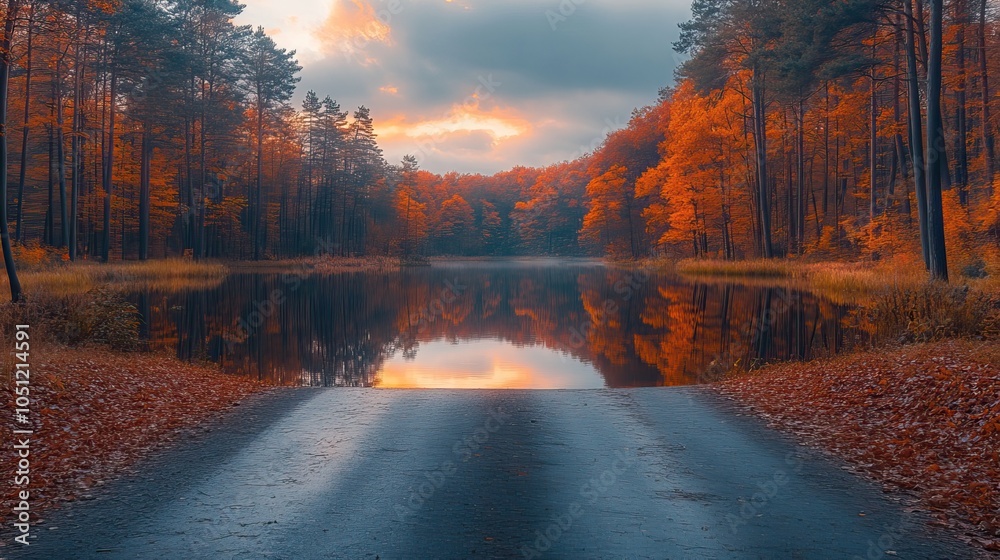 Poster panoramic view of forest road during autumn, with colorful trees and reflective lake, under the soft