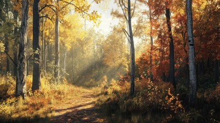 Obraz premium A path through a forest with golden and red leaves, sunlight streaming through the trees.