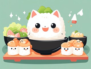 Cute, big sushi, characterized, served with miso soup, takoyaki, and salad, flat illustration