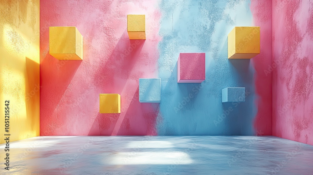Poster pastel-colored abstract design featuring floating triangles and squares in playful composition.stock photo