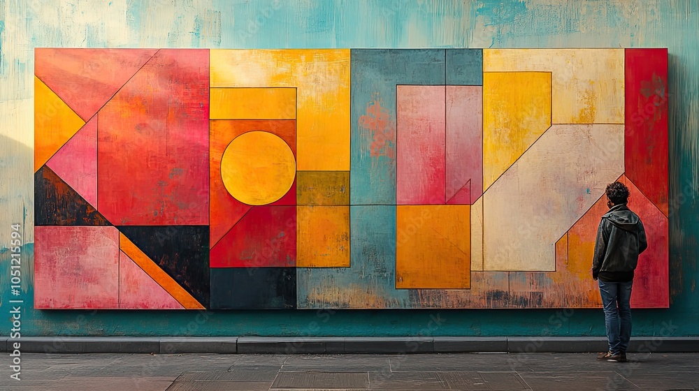 Aufkleber pastel-colored abstract design featuring floating triangles and squares in playful composition.illustration